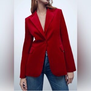 Zara Valentine Red Velvet Blazer - L